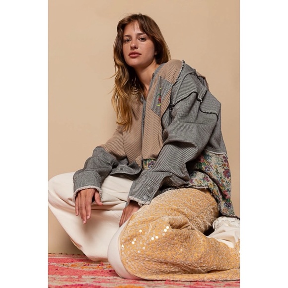 POL Floral Sequin & Velvet Side Stripe Wide Leg Jeans - Picture 6 of 15